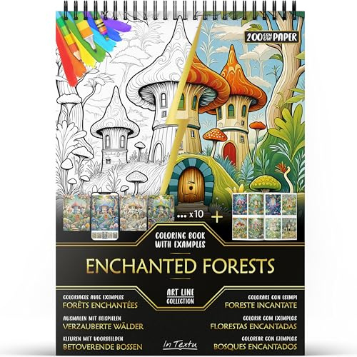 In Textu – Foreste Incantate – Libro da Colorare per Adulti e Adolescenti con Esempi Colorati Ispiratori – Carta Premium 200 g/m² – Rilegatura a Spirale Fine – Quaderno da Colorare Rilassante e Magico