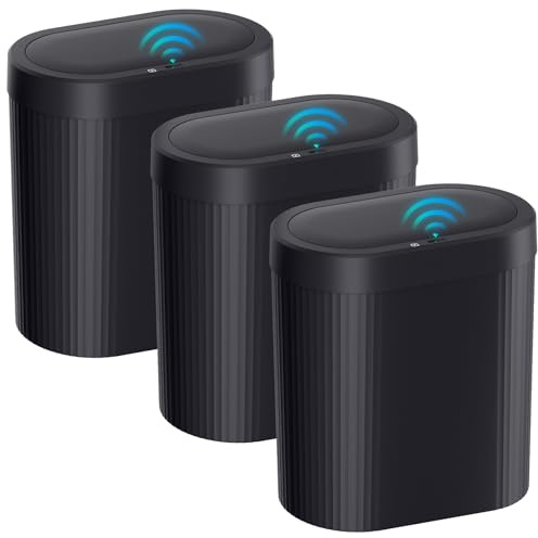jinligogo 3 Pack 5 Gallon Bathroom Trash Can with Lid, Automatic Motion Sensor Black Trash Can, Touchless Slim Waterproof Garbage Bin for Kitchen, Bedroom, Office, and Bathroom