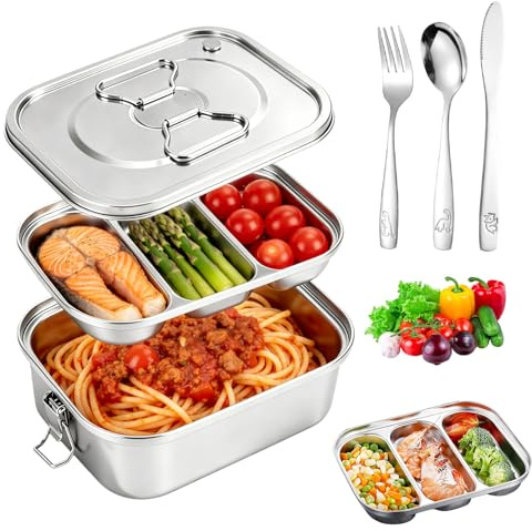 PORFOYO Fiambrera De Acero Inoxidable: Fiambrera De Doble Capa, Hermética Y Resistente a Fugas, Con Cuchillo Cuchara Y Tenedor, Caja Bento Con 3 Compartimentos Para Pícnic, Camping, Viajes Y Trabajo