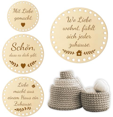 Glamifyr 4 Stück Holzboden für Häkelkorb,Korbboden zum Häkeln,Rund Holzböden für Häkelkörbe,Boden für Häkelkorb,Holzbasis für Aufbewahrungsbox DIY,Korb Häkeln Set(Häkelnadel und Garn Nicht Enthalten)