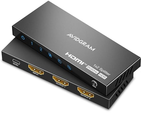 HDMI Splitter 1 In 2 Out 8K 60Hz, AVIDGRAM 2.1 HDMI Verteiler 1 In 2 Out mit Downscaler, Copy, and Auto Mode Unterstützung 4K 120Hz, 1080p 120Hz, HDMI2.0, HDCP 2.3 HDR10 40Gbps