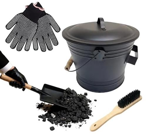 Ascheeimer mit Deckel - 4-teiliges Reinigungsset, Metall Ascheeimer Set mit Schaufel, Handschuhe & Bürste | Kohleeimer für Feuerstelle, Grill, Hinterhof, Innenbereich, Outdoor