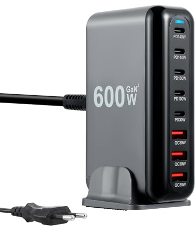 Cargador USB C Múltiple 600W, Cargador Rápido PD QC PPS de 8 Puertos GaN III, 5 USB-C y 3 USB-A, Adaptador de Estación de Carga Multipuerto, Compatible con MacBook Pro, Air, Dell, iPhone, Galaxy