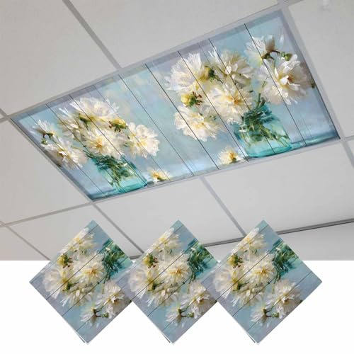 Fluorescent Light Covers, Spring Flowers Magnetic Light Covers for Ceiling Lights, Modern Farmhouse Oil Painting Floral Fluorescent Ceiling Shade Filters for Classroom Bedroom Office 4x2Ft x 3PCS