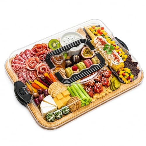 Servierplatte mit Deckel aus Bambus | Charcuterie Board – Käseplatte mit 6 Fächern & Tragegriff, Holzbrett für die Küche, tragbare Snackplatte als Einweihungsgeschenk für Frauen und neues Zuhause