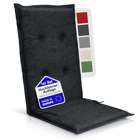 BI International Relexo Premium - Hochlehner Auflage Gartenstuhl Stuhlauflage mit Polster, Outdoor Sitzkissen & Stuhlkissen für Gartenmöbel Auflage wetterfest, Sitzkissen bequem (Anthrazit, 4er Set)