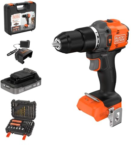 BLACK+DECKER 18V Brushless, Cordless Hammer Drill with 2.0Ah Battery, Charger, 50 Accessories & Carry Case, BLD783D1KA-GB