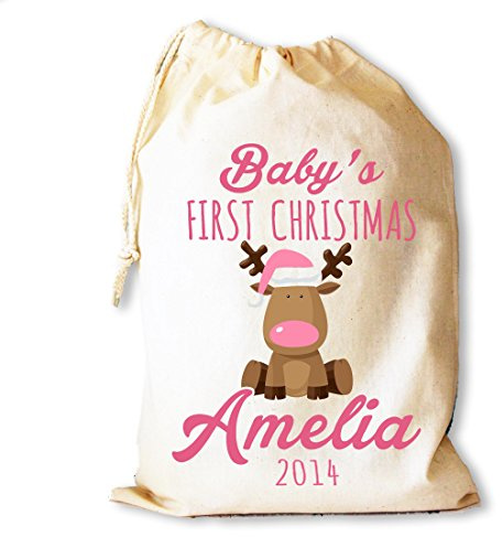 Personalised Baby First Christmas santa sack in pink cotton drawstring gift bag stocking by Cinnamon Bay
