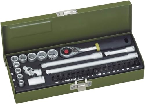 PROXXON Steckschlüsselsatz, Feinmechaniker-Satz mit 1/4-MICRO-Kompaktratsche und starkem Magneteinsatz, 32-teiliges Werkzeug-Set mit Stahlkasten, 23078