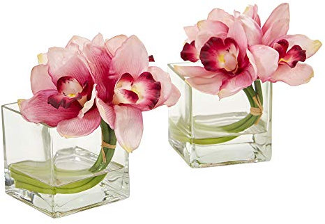 Nearly Natural Cymbidium - Jarrón de Cristal Artificial para orquídeas (Juego de 2), arreglos de Seda, Color Rosa