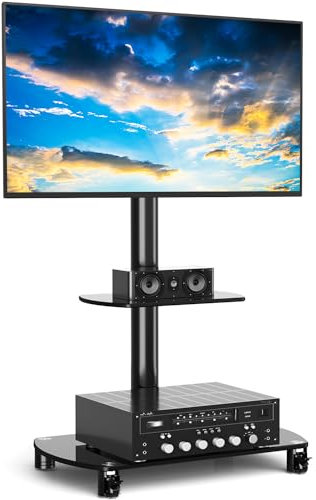 Universal Mobiler TV Ständer Rollbar Schwenkbar Höhenverstellbar mit 2 Platten für 32 bis 70 Zoll Fernseher Rollwagen TV Wagen Trolley auf Rollen