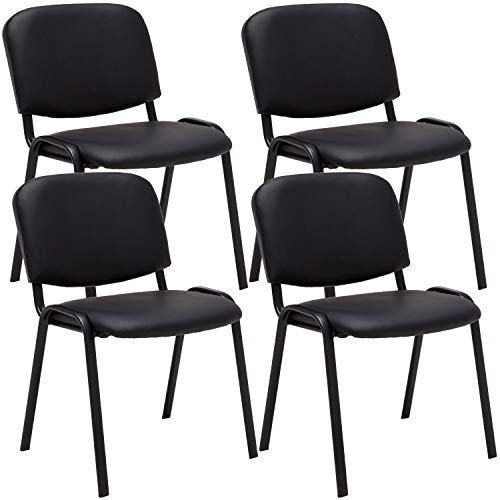 TPFLiving Keen - Juego de 4 sillas de visita, con acolchado de alta calidad y tapizado en piel sintética, apilables, con estructura de metal resistente y respaldo acolchado, color: negro