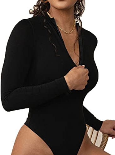 Decimalpt Black Bodysuit Women Long Sleeve Turtleneck/V Neck Jumpsuit Leotards Front Zip Basic Tops Bodysuit Tank Top Medium