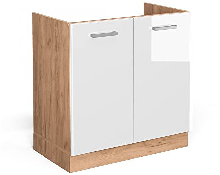 Vicco Spülenunterschrank R-Line, Weiß Hochglanz/Goldkraft Eiche, 80 cm ohne Arbeitsplatte