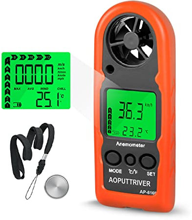 AP-816B Mini Anemometer with Protective Shell for Measuring Wind Speed, Temperature and Max/Average/Current - Ideal for Windsurfing, Sailing, Fishing and Outdoor Activities