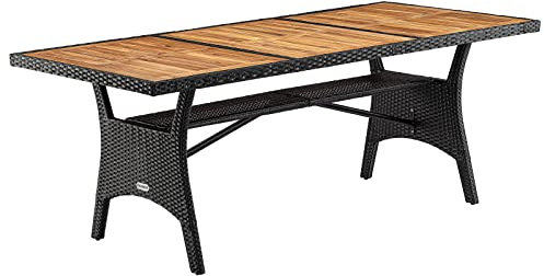 Casaria® Polyrattan Gartentisch mit Ablage FSC®- zertifiziertes Akazienholz 190x90cm Höhenverstellbar Wetterfest Garten Terrasse Esstisch Tisch Schwarz