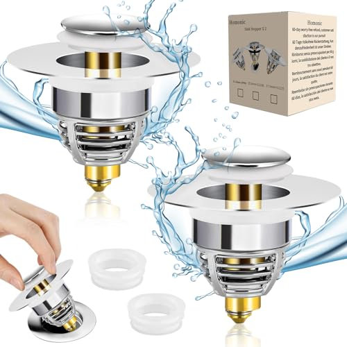 Pack of 2 Universal Sink Plugs Replacement & Bathroom Sink Drain Stoppers, Basin Plugs Made of Pure Copper,Drain Plugs,Bathroom Sink Stoppers Pop Up with Double Seal for Diameter 32~42 mm