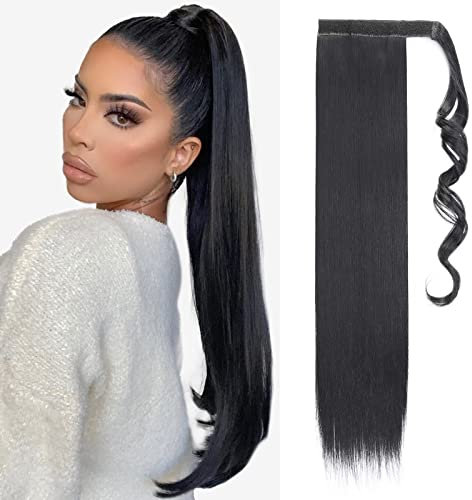 TESS Queue de Cheval Extension 60 cm, Ponytail Cheveux Naturel Lisse Noir foncé Fausse Queue de Cheval 90g