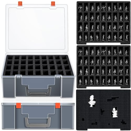 Menkxi 2 Pcs Miniature Storage Figure Case 144 Slot Sturdy Figurine Miniature Carrying Case with 3 Foam Layer (2 Pre Cut Trays 1 Pick Pluck Tray) Compatible with Wargame(Clear, Black)