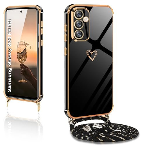 XCYYOO Handykette für Samsung Galaxy S23 FE 5G Hülle mit Band,Handyhülle Samsung S23 FE 5G mit Kette Love Design Galvanik Silikon Stoßfest Schutzhülle mit Kordel zum Umhängen Kameraschutz, Schwarz