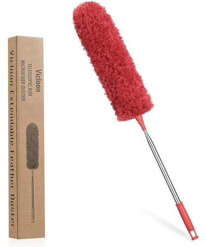 OFFCUP Feather Duster, Extendable Microfiber Duster with 96 Stainless Steel Telescopic Pole and Bendable Head, Long Handled Dusters for Cleaning Cobweb High Ceiling Fan Roof Blinds Cars (Red)