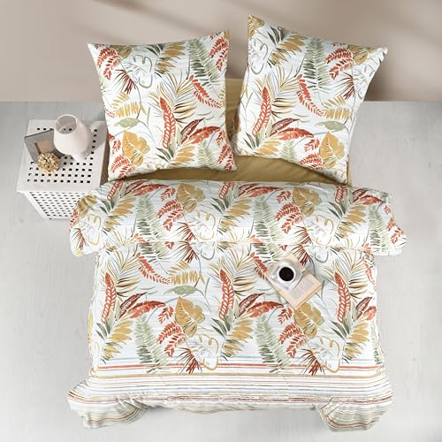 ZIRVEHOME Bettwäsche 200x220 Beige 3-teilig Baumwolle Bettwäsche-Set warm und Kuschelig Kissenbezug Baumwoll Bettbezug exotisches Blätter und Streifenmuster Orange, Braun. Oliva