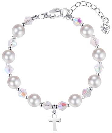 LUXEGRRRL Pearl Cross Bracelets for Girls, Sterling Silver Baby Bracelet, Baptism Gifts for Girl, Christening and First Communion Christian Jewelry Gift for Kids