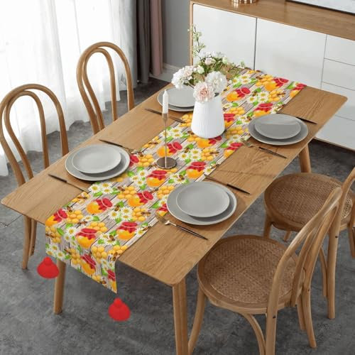 Tischläufer mit Quaste, rutschfester Tischläufer, Bienen und Honig, Holzdruck, Party-Dekoration, Esszimmer, Küche, Heimdekoration, für Weihnachten, Geburtstag, Hochzeit, 35,6 x 152,4 cm