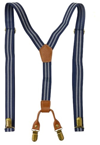 Hängslen för män med 3 klämmor, Y-rygg, 2,5 cm breda hängslen, kraftiga, justerbara och elastiska med starka metallklämmor, Vita ränder – 30, One size