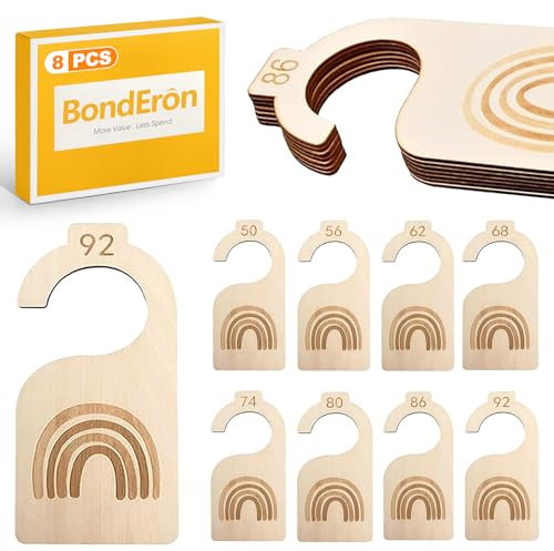 BondEron 8 Stück Baby Größentrenner Holz (Größen 50-92), Kleidergrößen Trenner beschreibbar, Garderobe Trennwände Organizer für Schrank Kleiderstange, Geschenk Deko für Babykleidung