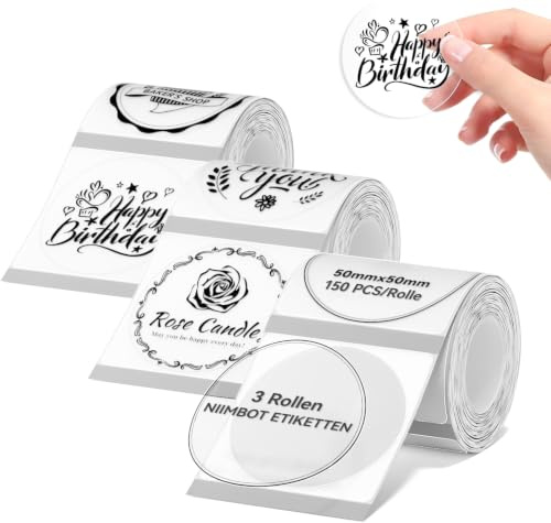 NIIMBOT Etiketten, 3 Rollen Kompatibel mit NIIMBOT B1 B21 B3S Etikettendrucker, 50 x 50mm Etikettierpapier, Schwarzer Druck auf Weißem Etikettierpapier, 150 Etiketten/Pro Rolle (Transparent, Runden)