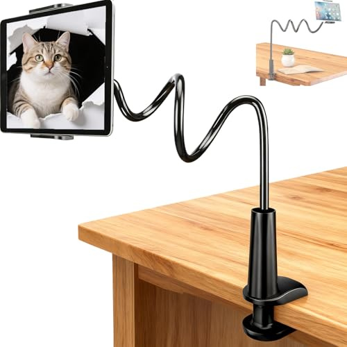AzureRay Tablet Halterung – Flexibler Schwanenhals Arm für iPad/Kindle, Verstellbare iPad Halterung fürs Bett, Sofa & Schreibtisch, 76cm Länge, Stabiler Clip, 360° Drehbar (Schwarz)