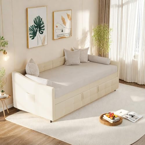 SHAODENG Tagesbett Ausziehbar, Sofabett 90x200 Bett mit Lattenrost, Schlafcouch als Jugendbett or Gästebett, Schlafsofa 2 Sitzer für Wohnzimmer, Schlafzimmer, Beige, Samt, ohne Matratze