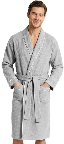 Bademantel Herren Teenager M–3XL, Baumwolle Bademantel Waffelpique, Leichter Saunamantel mit Gürtel und Taschen, Geschenke Für Männer