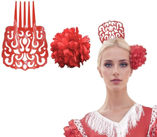 Peineta Flamenca Grande con Flor para el Pelo Mujer – Set 2 Piezas, Accesorios Tradicionales para Feria de Abril, Traje de Sevillana y Fiestas Andaluzas (ROJO LISO)