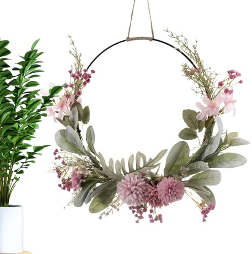 Frühlingskranz Metallring, Frühlings-Türkranz Mit Orchideen Chrysantheme Und Grünen Zweigen, Metallring Hochzeit Blumenkranz Deko Für Frühlings-Sommer-Festival-deko