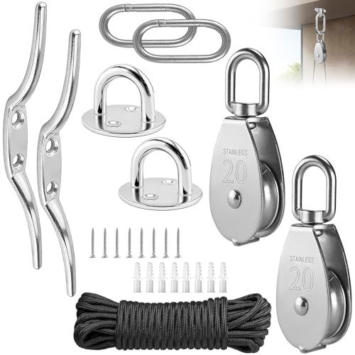 M20 Heavy Duty Stainless Steel Washing Line Pulley System Complete Kit with Single Pulley Wheel, Hooks, Nylon Rope, Expansion Bolts & Screws Adjustable Pulley Hoist for Indoor Outdoor Lifting