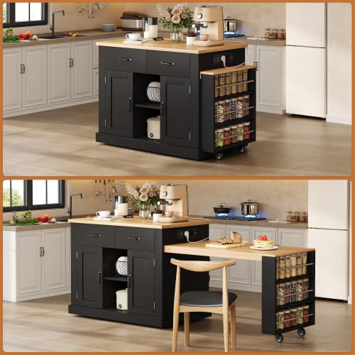 kozamas Carrello da cucina mobile con tavolo da pranzo estraibile, tavolo da bar e 7 ruote, con piano di lavoro e spazio di archiviazione, autoportante, 132 (235) x 70 x 90 cm, truciolato di alta