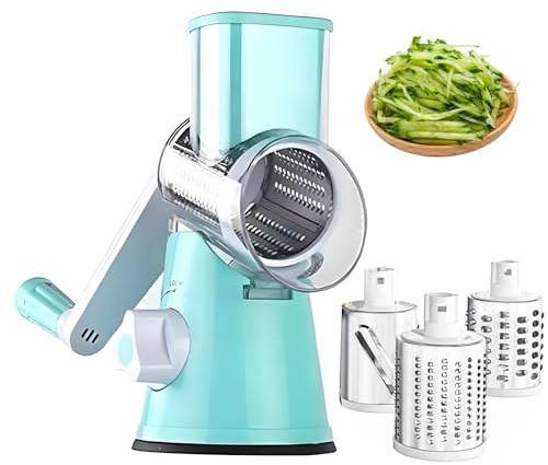 Rotary Cheese Grater, Hand Crank Cheese Shredder，Vegetable Slicer with Three Drum Blades, Grater for Kitchen Faster and Easy Cutting, Rotary Drum Grater Ideal for Fresh Cheese, Vegetable, Nuts (Blue)