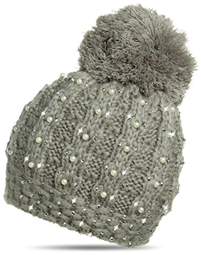 Caspar MU106 Damen Winter Mütze Bommelmütze mit Perlen und Glitzer Strass