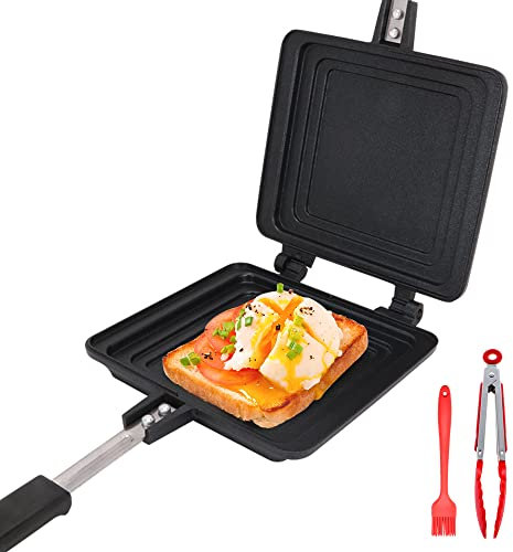 Bobikuke Padella A Doppia Faccia, Padella Antiaderente Quadrata in Alluminio con Manico Antiscottatura Piastra Toast Padella Multifunzione per Colazione Sandwich Panini