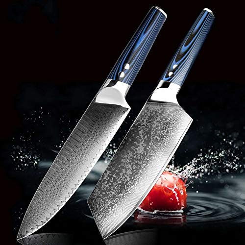 Couteau Chef Couteau Damascus Steel VG10 Couteau Sashimi Santoku Razor Sharp Blue Cuisine Accessoires Outil couteau (Color : 2 PCS set)