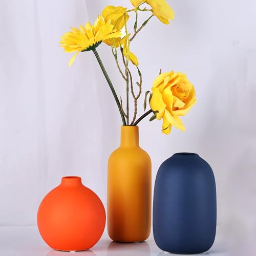 Keramikvase 3er-Set, kleine Blumenvasen für rustikale Wohnkultur, moderne Bauernhausdekoration, Wohnzimmer-Dekor, Regaldekoration, Tisch, Bücherregal, Orange, Blau Vasen (A)