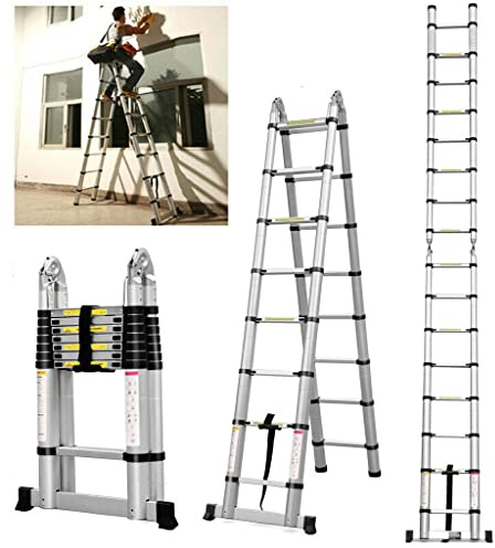 Escalera Telescópica de Aluminio de 2,5 m+2,5 m, Escalera Extensible Plegable Marco A con 8 + 8 peldaños, Resistente y Antideslizante, Capacidad de Carga de 150 kg, EN131