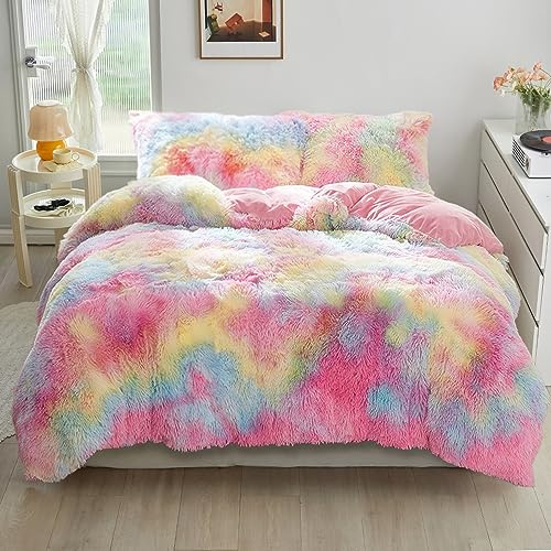 YASMENG Ropa de cama de felpa de invierno, 200 x 200 cm, arcoíris, multicolor, felpa larga, juego de ropa de cama de 3 piezas con cremallera y 2 fundas de almohada de 80 x 80 cm