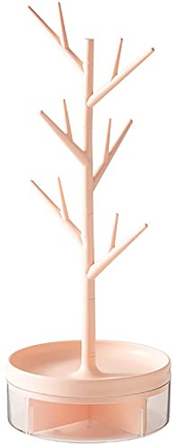 HCLRW Rotating Jewelry Organizer Stand, 3 in1 Jewelry Tree Stand, Necklace Holder Display with Acrylic Tray for Earrings Necklaces Bracelets Watches Rings -14.56 Inch High (Pink)