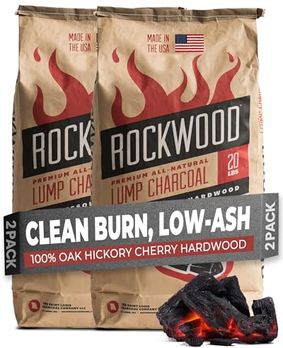 Rockwood Premium Barbecue Lump Charcoal – Oak, Hickory & Cherry Hardwood Blend for Rich Smoky Flavor & Clean Burn BBQ – Ideal for Kettle & Kamado Grills – Lump Charcoal for Grilling – 20lbs (2 Packs)