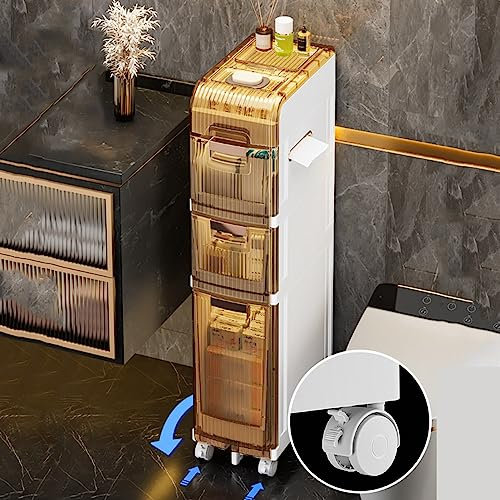 3 Pisos Armario de Baño Vertical con Cajones Transparentes y Ruedas, Organizador Estrecho de Plástico para Fregadero de Baño, Armario para Papel Higiénico para Baño Alto y Delgado, Blanco +Marrón