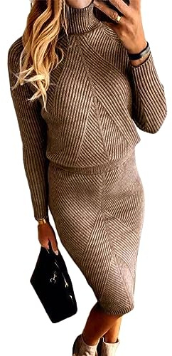 ORANDESIGNE Damen Strickkleid Zweiteiliger Anzug Rollkragen Pullover Oberteil und Strickrock Bleistiftrock Elastische Bodycon 2 Stück Set A Braun M
