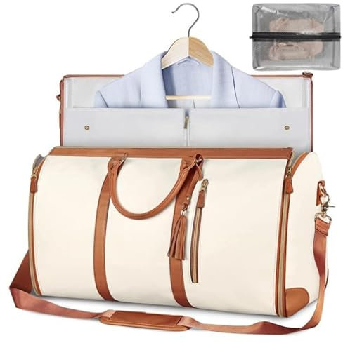 Mesen Kleidersäcke für Reisen für Damen, Umwandelbarer Handgepäck-Kleidersack, Leder-Kleidersäcke für Reisen mit Schuhbeutel, 2 in 1 hängenden faltbaren Koffer Anzug Reisetaschen (Beige)